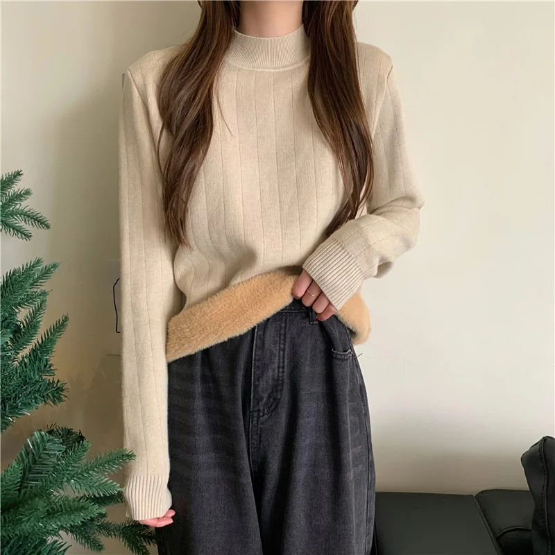 Autumn and Winter New Korean Warm Integrated Mink Fur Thickened Plush Half High Neck Pullover Sweater Backing | Женская одежда