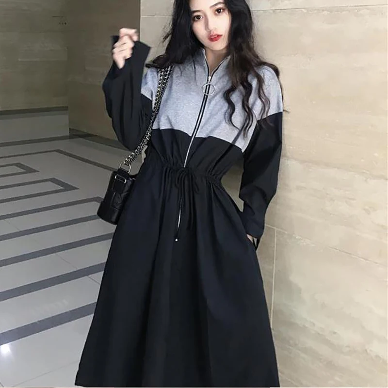 

SexeMara 2019 Autumn New Full Sleeve Color Stitching Turtleneck Lace-up Waist Mid-calf Ladies Fashion Loose Dress CDS071