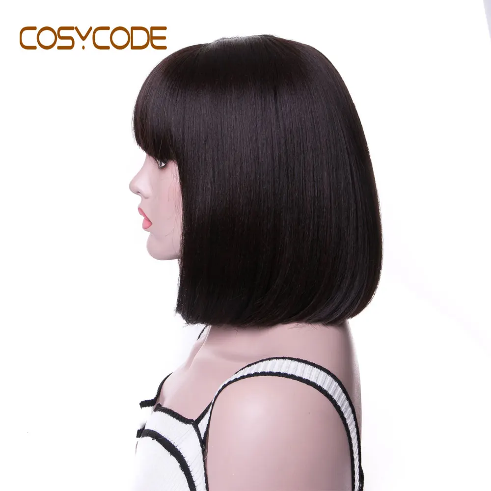 COSYCODE коричневый парик с челкой для Для женщин короткие прямые синтетические волосы без шнуровки из искусственных волос Косплэй парик костюм вечерние 13 дюймов 34 см