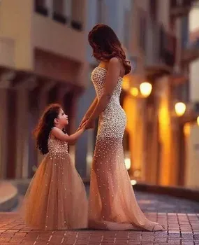 

Champagne Luxury Beading Pearls Bodice Flower Girl Dresses Tulle Pageant Birthday Party Special Occasion Mother and Daughter