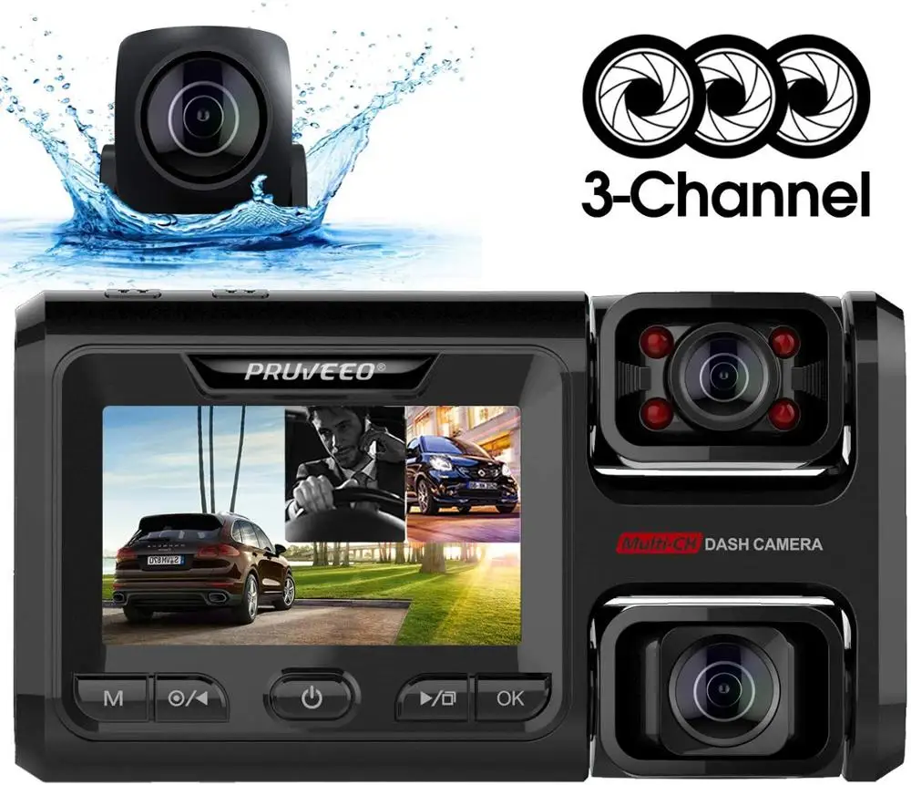 

Pruveeo D40 Three and Dual Channel Dash Cam, Front Inside and Rear with Backup Camera, WiFi, G-Sensor, Loop Recording