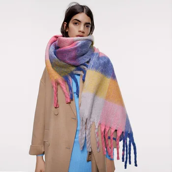 

Za Autumn Winter Scarf Women Colorful Plaid Shawl Fashion Temperament Imitation Cashmere Scarves Luxury Warm Shawls 2019 New