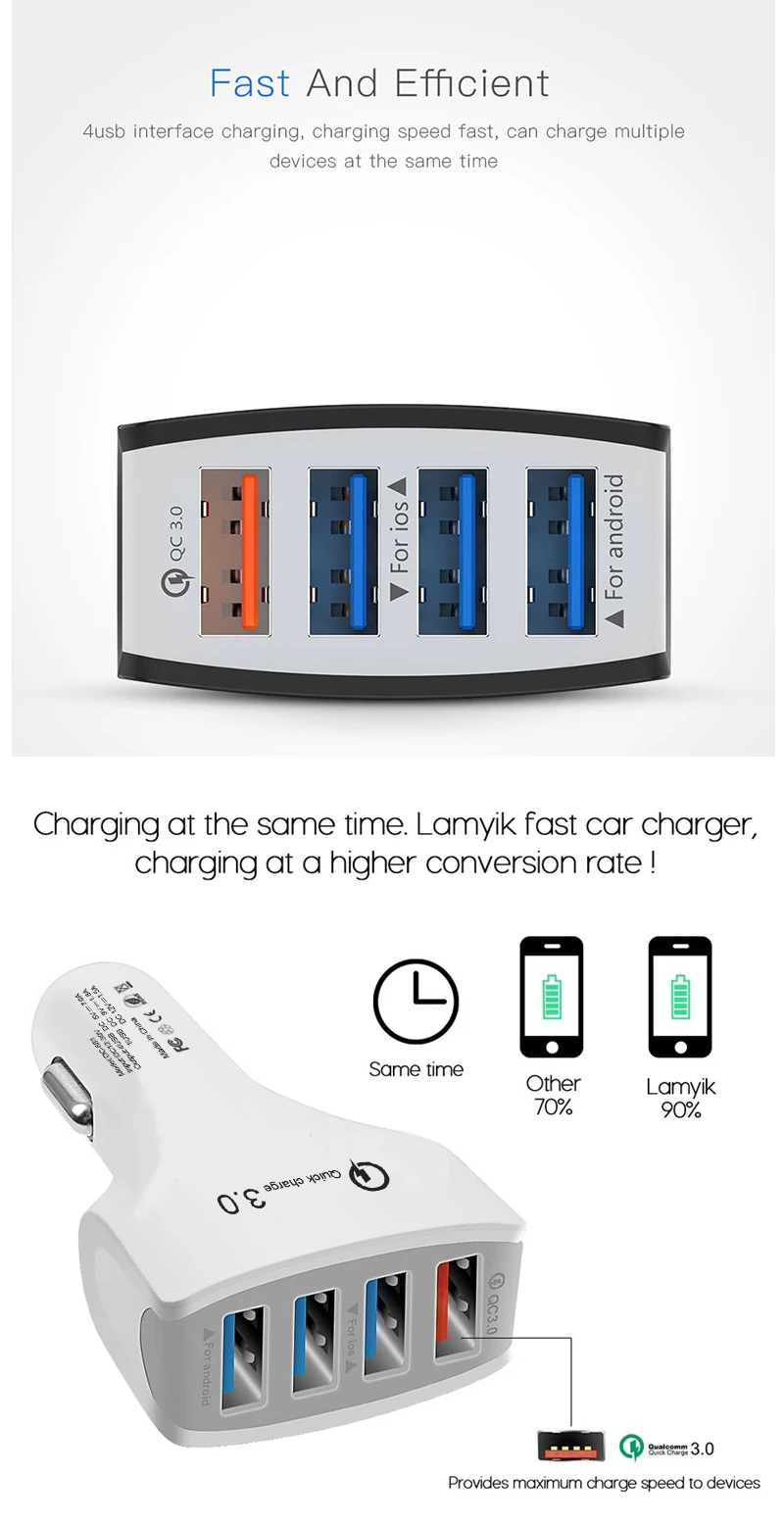 4USB QC 3,0 Быстрая зарядка двойной USB порт автомобильное зарядное устройство для IOS 3A Android смартфон адаптер зарядного устройства для планшета безопасный Автомобильный телефон зарядка