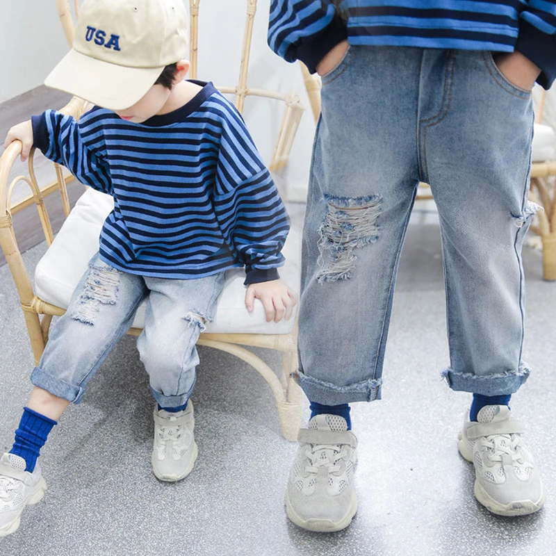 

Children's Wear Autumn Toddler Jeans Spring Boys And Girls Clothes Neutral Hole Jeans Broad-legged Leisure Pants Kids Clothing