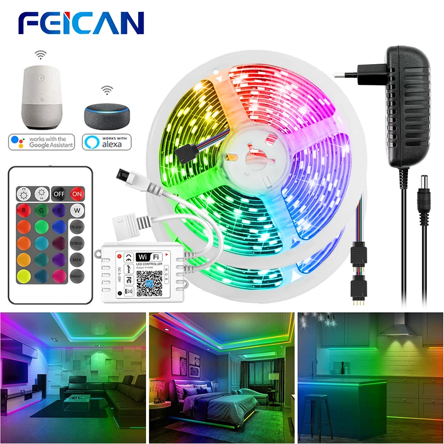US $11.46 LED Strip Light WiFi RGB Tape Cuttable 12V Diode Light Waterproof 5M 10M 15M Backlight Works With Alexa And Google Home