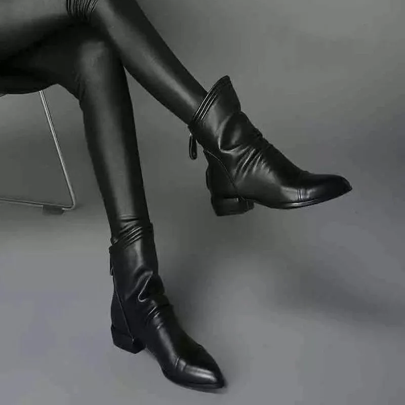 

Women winter 2019 autumn new pointed sprain black artificial leather women's boots back zipper folds large size 43 ankle boots