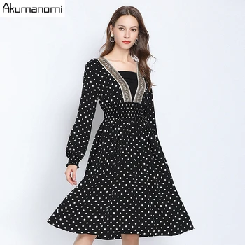 

Woman Chiffon Polka Dot Dress Autumn Plus Size 5xl Casual Blace Square Collar Full Sleeve Spring Office Party Dress Robe Longue