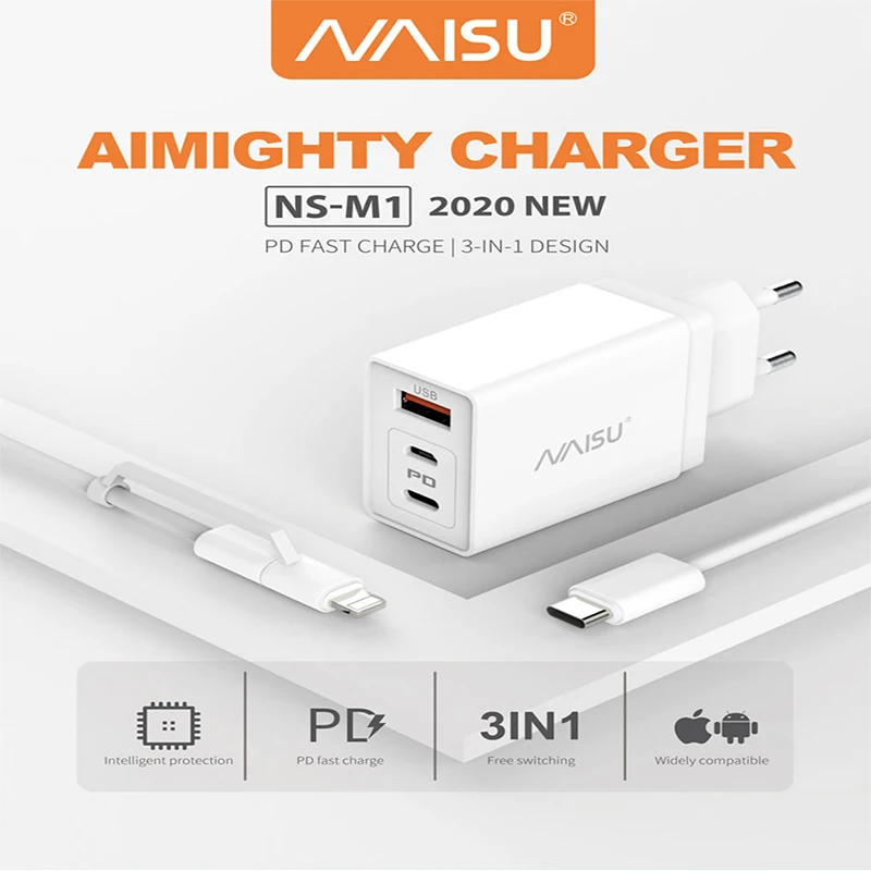 

NAISU 3 in 1 Quick Charge USB A Micro USB Type-C Cable Data Cord PD Charging For iphone Huawei Samsung Xiaomi Mobile Phone New