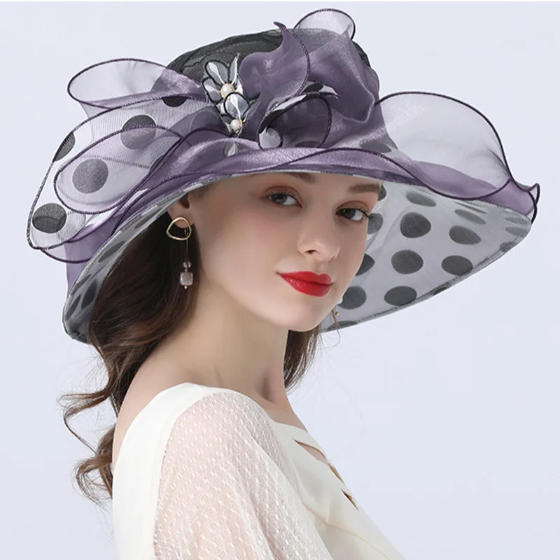 Women Summer Hat Black Dot Pattern Ruffle wide Brim Ladies Organza Hat Packable Sun Beach Hat Wedding Party Race Derby Dress Hat 1