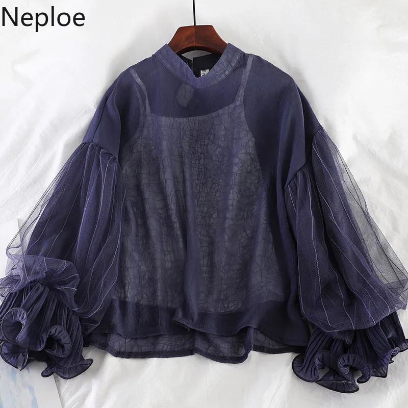 Neploe/Новинка, женская шифоновая блузка, рубашка, костюмы, марлевые, лоскутные, с пышными рукавами, пуловер, топы и Cami,, комплекты из 2 предметов 54421