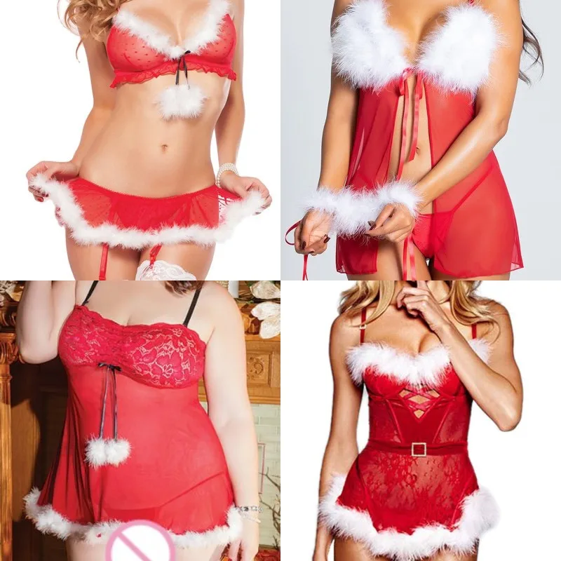 

Erotic Christmas Pajamas Women's Sleepwear Strappy Sexy Red Lingerie Set Breast Exposing Suspender Skirt Seduction Nightgown