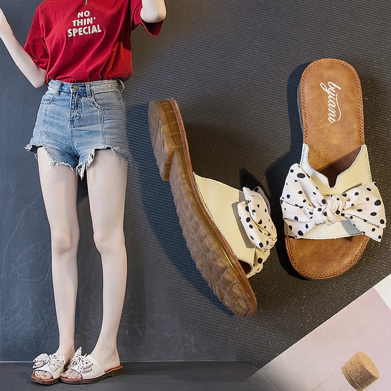 

Line-styled Slipper Women's Outer Wear Korean-style Harajuku-Style 2019 Summer New Style Bow Cute Flat Sandals