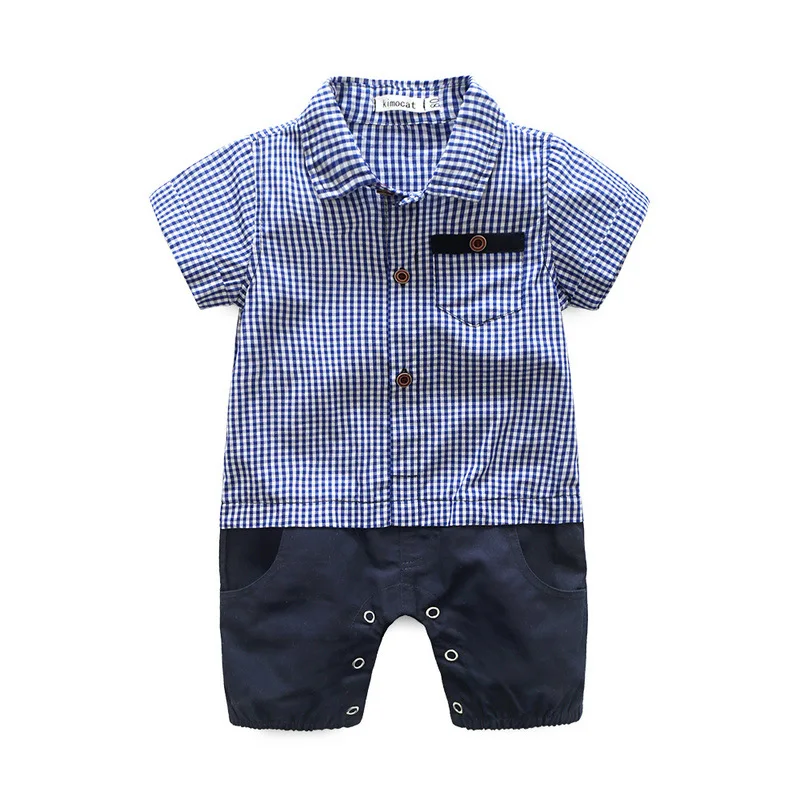 

Children's Clothing Korean-style 2018 Summer New Style BOY'S Plaid Mock Two-Piece Romper Infants One Piece Crawling Clothes
