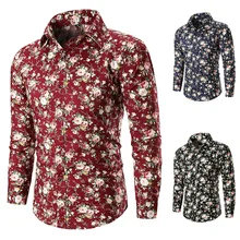 Men Shirt Floral Printed Long Sleeve Casual Red Blouse Plus Size Mens Shirts Novelty Tops Males Clothing Single Breasted Soft