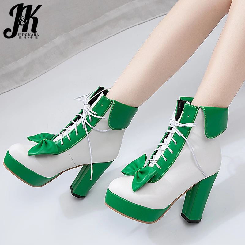 

JK Platform Boots Women Ankle Boot Ladies Round Toe Bow Knot Shoes Female High Heels Thick Shoes Shoes Winter Plus Size 48