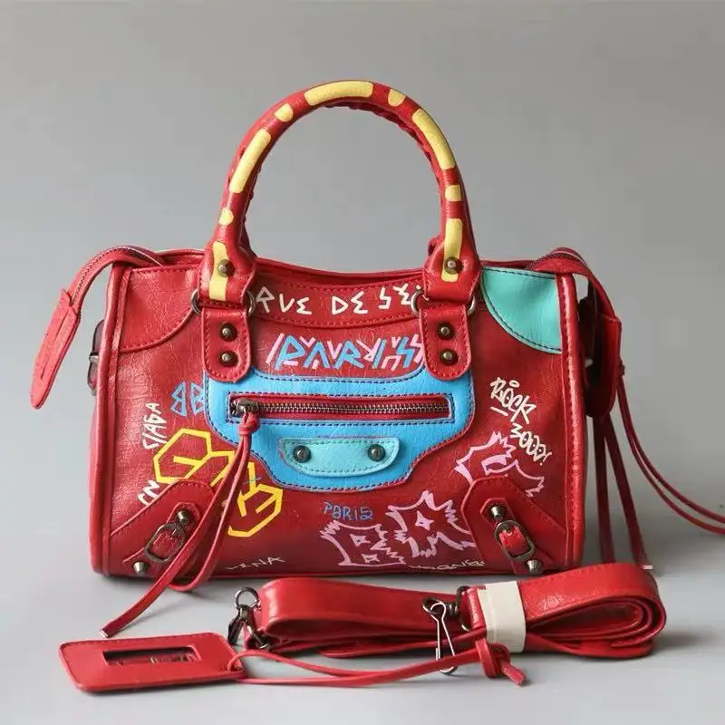 

Womens Motorcycle Studs Tassels Graffiti Handbag Totes Shoulder Large PU Leather High Quality Punk With Strap and Mirror 12Color