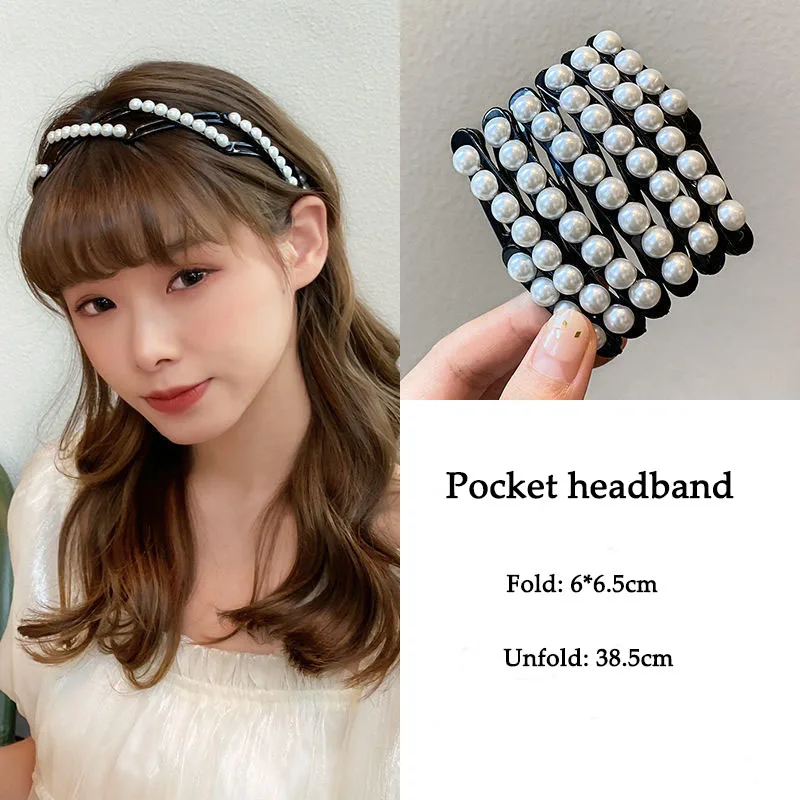 Elegant Pearl Rhinestone Hair bands Foldable Retractable Headband Portable Pocket Headband Woman Headdress Hair Accessories creative full diamond encrusted portable handle mirror love heart round rhinestone makeup mirror shiny princess cosmetic mirror