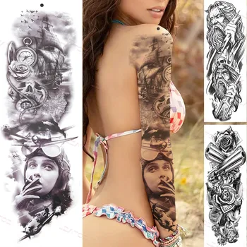 

Large Pilot Plane Full Arm Temporary Tattoos Sleeve For Men Women Flower Warrior Fake Tattoos Stikker Black Army God Tatoos Sexy