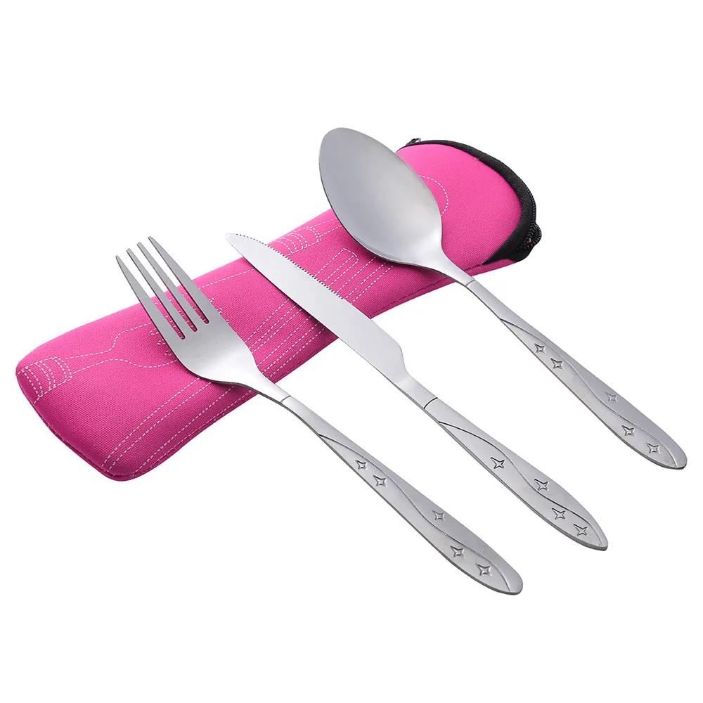 Портативные Ножи из нержавеющей стали, 3 шт., вилка, ложка, семейные походные столовые приборы для путешествий и кемпинга, украшения, аксессуары, удобно# T2 - Цвет: Hot Pink
