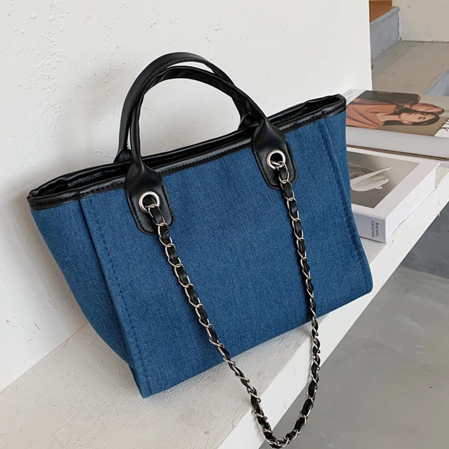 

Fashion Denim Chain Tote Women Shoulder Bag Casual Large Capacity Women's Handbag Designer Canvas Crossbody Bag Lady Purse NEW