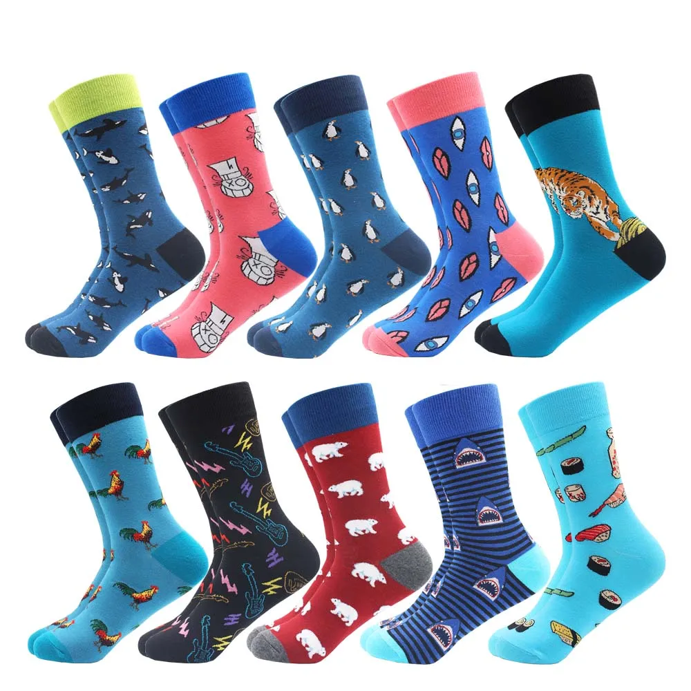 10 пар/лот, мужские забавные Разноцветные носки из чесаного хлопка, Носки с рисунком, животные в полоску, Мультяшные носки в горошек, оригинальные носки для скейтборда - Цвет: ZH10-020