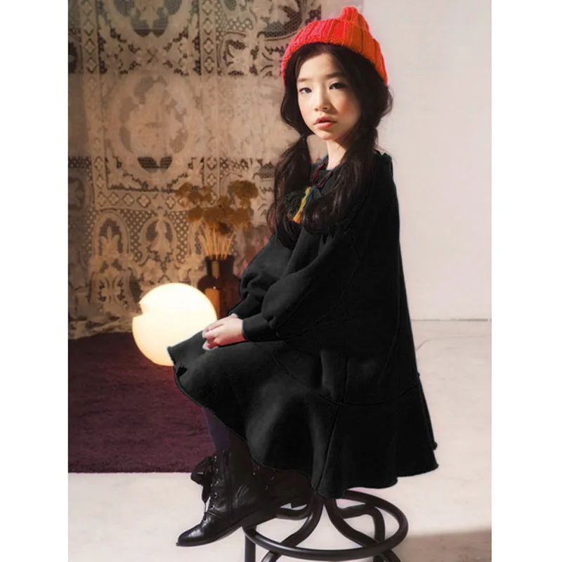 

Girls Autumn And Winter Dress 2017 South Korea New Style Middle And Large Children Pure Cotton Brushed plus Velvet Warm Long-sle