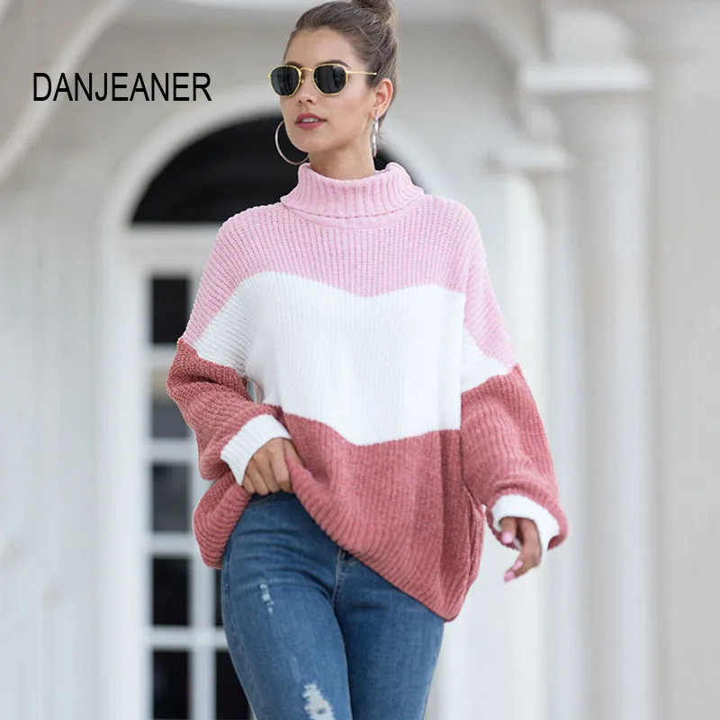 

DANJEANER Autumn Winter Warm Knitted Sweater Women Patchwork Turtleneck Pullovers Oversize Colorful Striped Knitting Jumper Tops