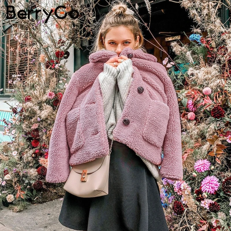 BerryGo Элегантное зимнее пальто из искусственного меха женская мягкая Осенняя розовая куртка теплые пальто повседневная верхняя одежда с длинным рукавом женские куртки