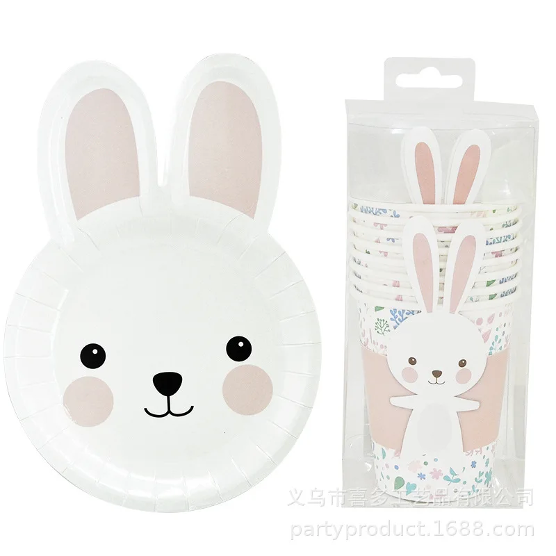 

Easter Disposable Cartoon Rabbit Modeling Paper Pallet Plate Paper Cups Set Children Birthday Party