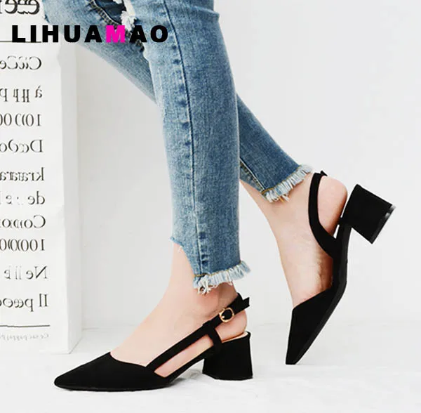

LIHUAMAO women square heel sandals slingback ankle strap pointed toe party wedding ladies dress pumps