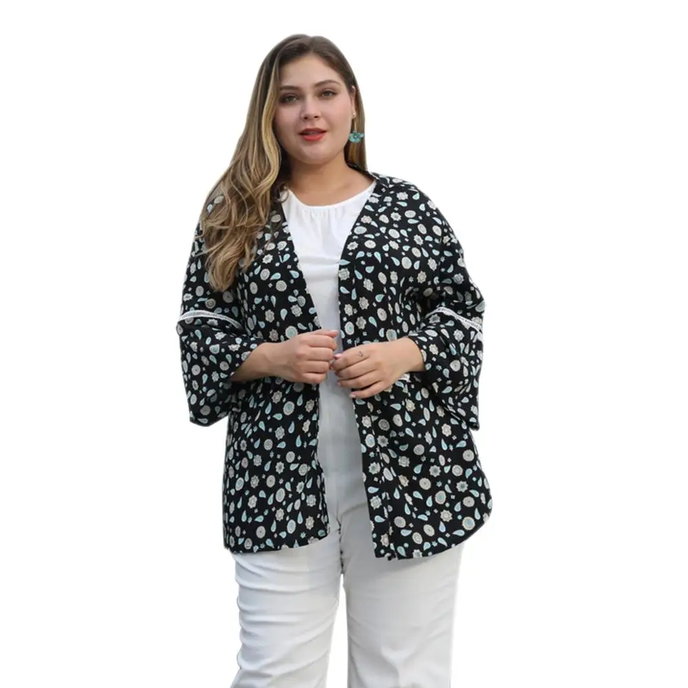 

WHZHM Autumn Three Quarter Plus Size 4XL 5XL Tops Long Jackets Coats Women Lace Chiffon Loose Coats Flower Open Stitch Femme