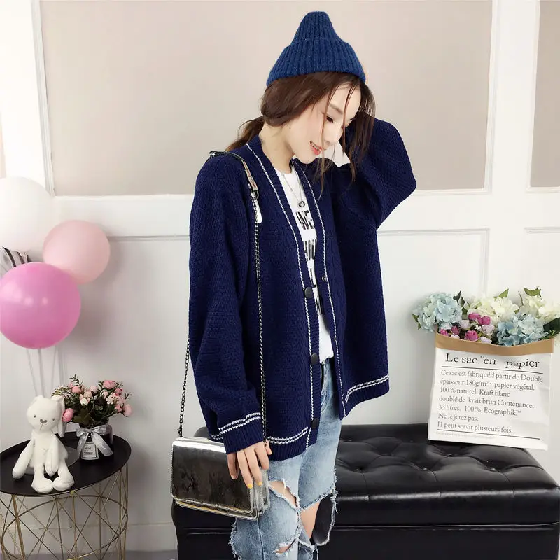 navy blue cardigan Neploe/осенне-зимняя одежда для женщин; Свободные Повседневные вязаные свитера; кардиган с длинными рукавами; плотная верхняя одежда Harajuku для студентов; пальто - Цвет: navy blue cardigan