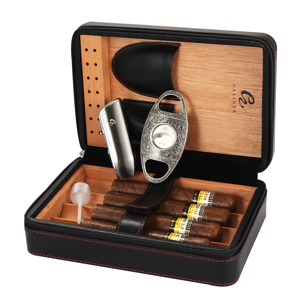 

Galiner Travel Cigar Humidor Box Spain Cedar Wood Lined 4 Tubes Cigar Case W/ Lighter Cutter Cigar Accessories Set