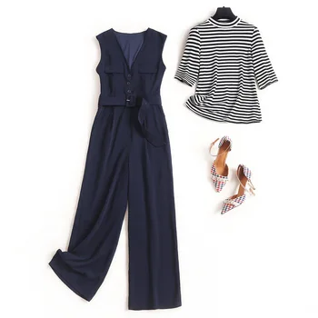 

Women two piece set 2020 summer designer striped T-shirts tops + sleeveless vest jumpsuits rompers casual outfits blue