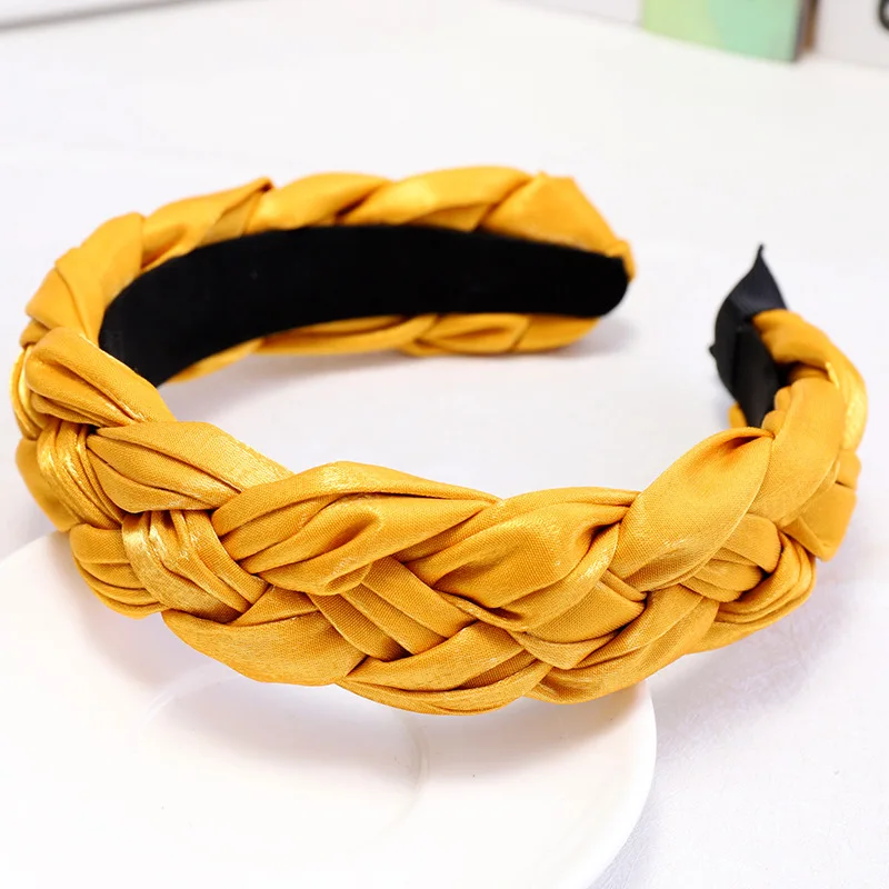 Винтаж в богемном стиле мягкой сатиновой ткани повязка на голову в виде косички трикотажная повязка на голову, аксессуары для волос - Цвет: Ярко-желтый