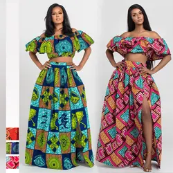 Новый модный костюм с открытыми плечами Женская африканская ткань для одежды Одежда с цифровым принтом эластичная юбка средней длины для