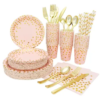 

High quality thick bronzing tableware set tablecloth paper plate birthday party decoration wedding rose gold baby shower 110pc