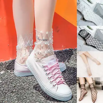 

Summer Cool Plaid Tulle Socks Women Breathable Transparent Ultra-thin Socks Female Mesh Small Polka Pearl Socks Perspective