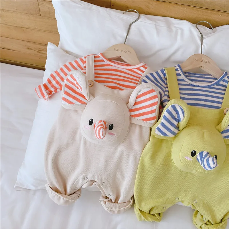 0-2Years Old Baby Kids Suit Striped Top Suspender Jumpsuit Two-Piece Set 3D Cartoon Elephant Cute Overalls Autumn Spring Clothes