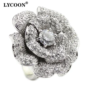 

LYCOON Fashion Woman luxury brand big rose flower Zircon Rings hight quality silver plated with CZ Cubic Zircon ring Suit party