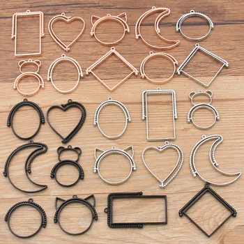 

24pcs/lot 6 Color Rotating Geometric Round Moon Heart Charm Hollow Glue Blank Pendant Tray Bezel Charms DIY Handmade Bezel Mold
