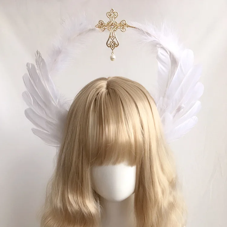 Gothic Lolita Federflügel Göttin Kirche Papst Goldene Haarschmuck Teufel Wunderschöne Vintage Jungfrau Maria Tiara Kopfbedeckung – Detail 5