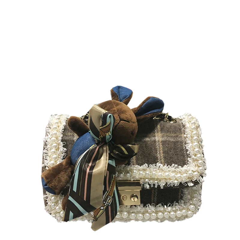 

Pearl Woolen Square Bags for Women 2019 New Spring Women's Bag Shoulder Messenger Bag Rabbit Doll Lattice Bag Crossbody Bags