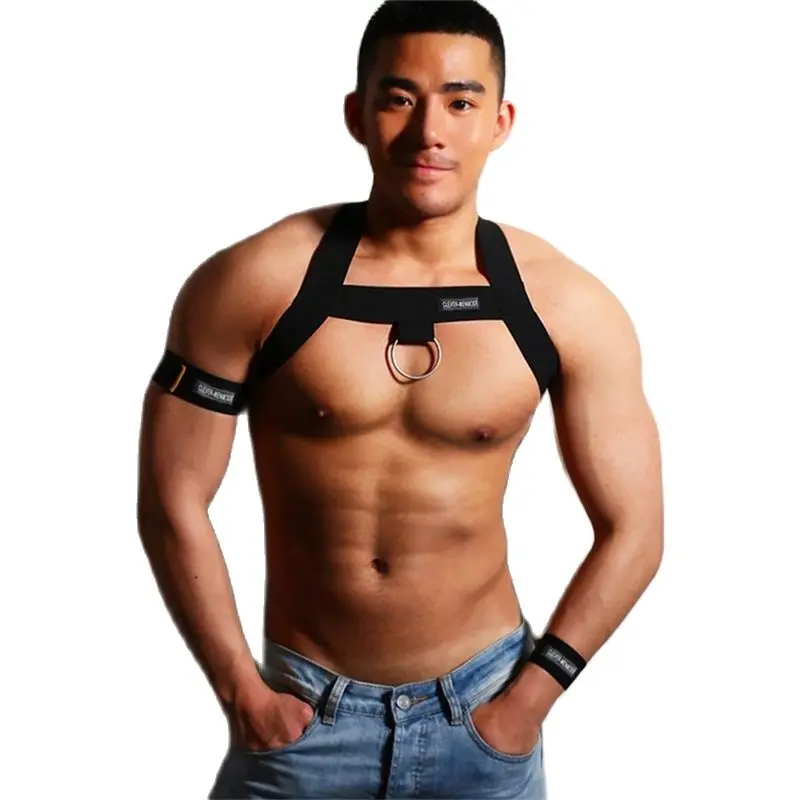 Elastic Band Harness Men Sexy Shoulder Straps Chest Bondage Muscle Halter Belt with Metal O-rings Hollow Costume CLEVER-MENMODE cosplay costume,mens bondage lingerie,men chest harness belt