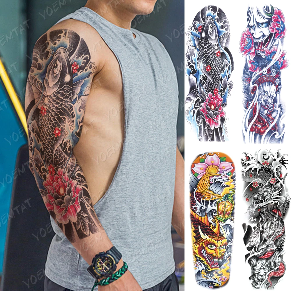 

Large Arm Sleeve Tattoo Japanese Prajna Carp Dragon Waterproof Temporary Tatto Sticker God Body Art Full Fake Tatoo Women Men
