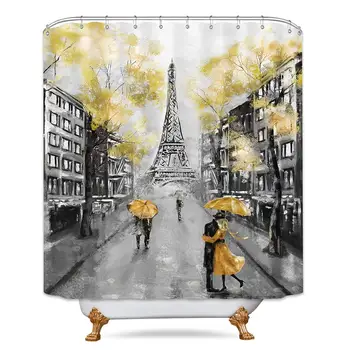 

Paris Shower Curtain Eiffel Tower 60" W x 72" H European Oil Painting France Couple City Landscape Scenery Polyester Fabric