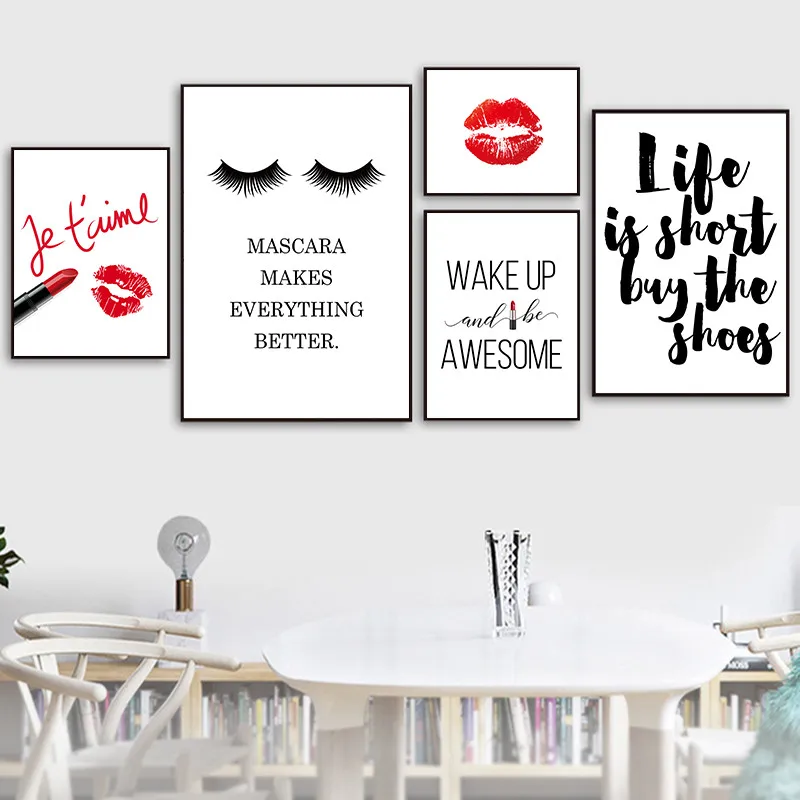 

Fashion MakeUp Posters and Prints Beauty Quote Wall Art Print Eyelash Red Lips Pictures Bedroom Decoration Home Decor
