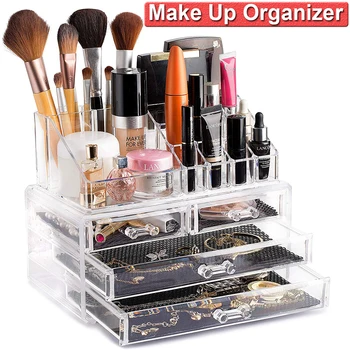 

Clear Acrylic Cosmetic Makeup Organizer & Jewelry Storage Display Case Transparent 2Piece Drawer Set Lipstick Box Five Model D30