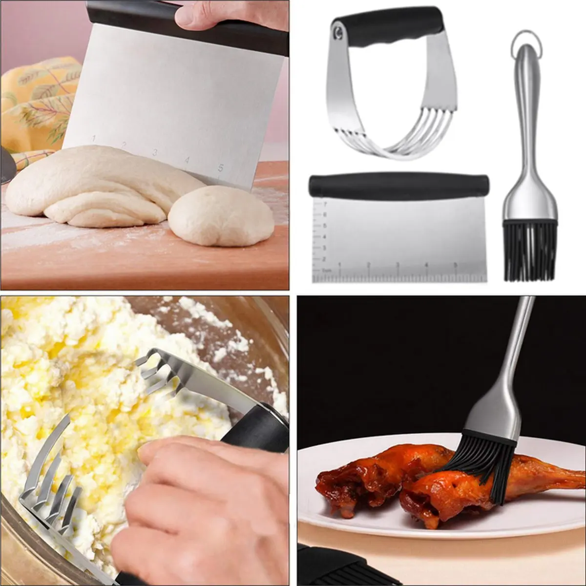 

New 3PCS Stainless Steel Baking Tools Set Cookies Pizza Cupcake Cutter Flour Beater Biscuit Bakeware Brush Tools Kitchen Accesso