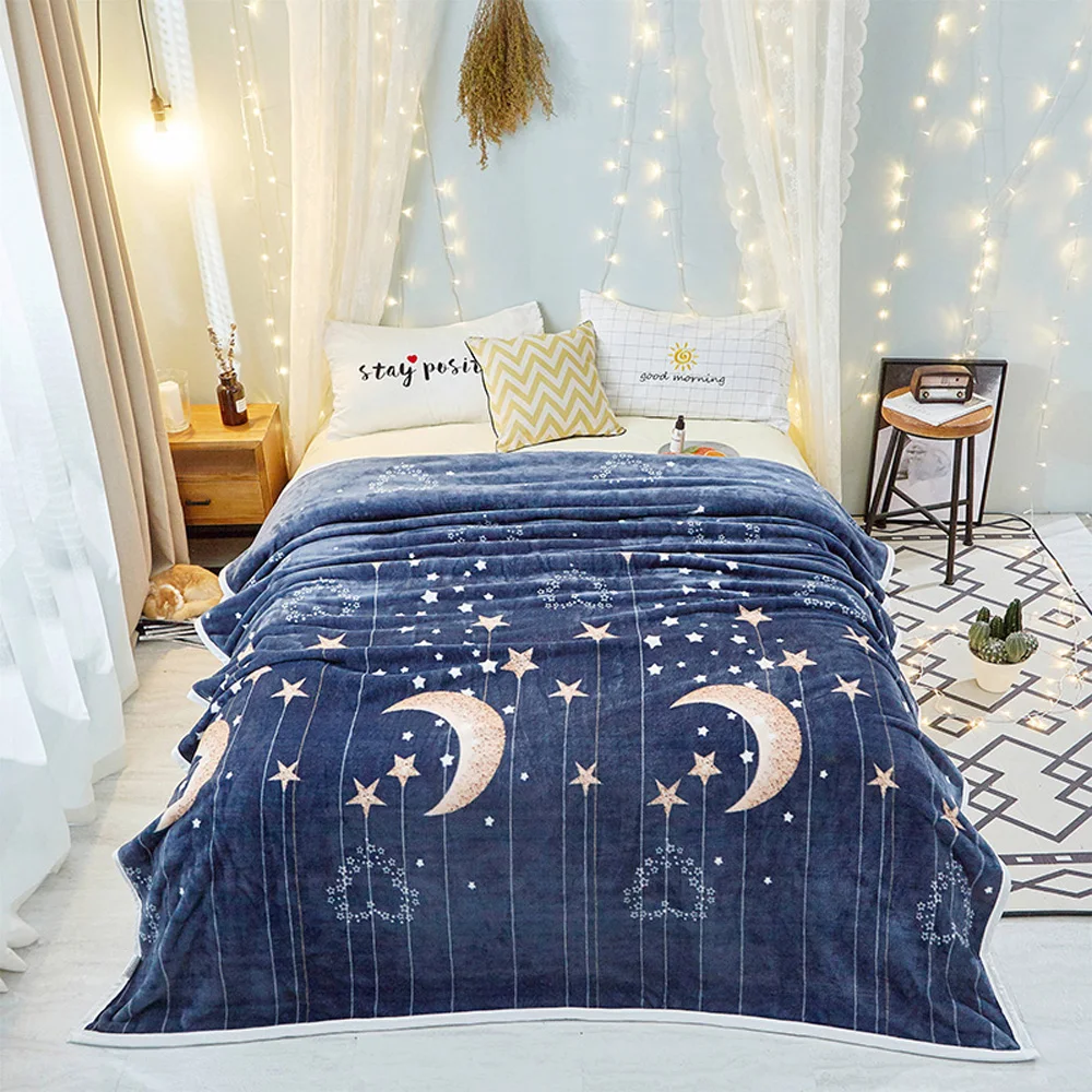 Мультфильм темно-синий луна ночь звезды мягкие одеяла с рисунком, фланелевый флис микрофибра Плед простыня полиэстер